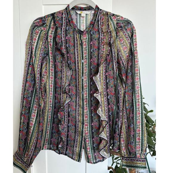 Boden Ruffle Printed Shirt Multi, Carnation Bloom Metallic Women's US 2, EUC - Picture 1 of 9